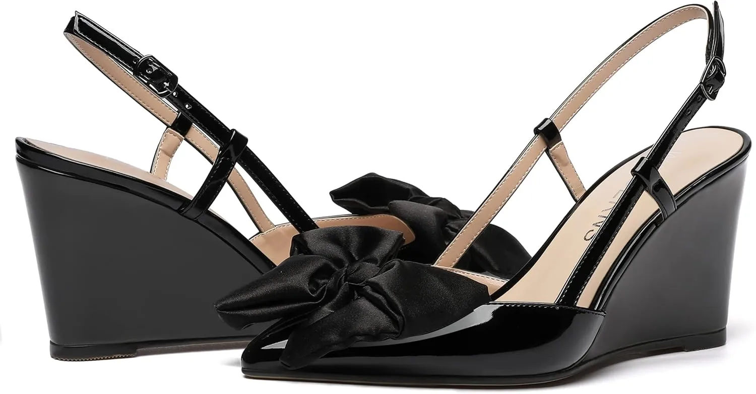 WAYDERNS Womens Bow Patent Buckle Slingback Wedding Cute Ankle Strap Pointed Toe Wedge High Heel Pumps Shoes 3.3 Inch