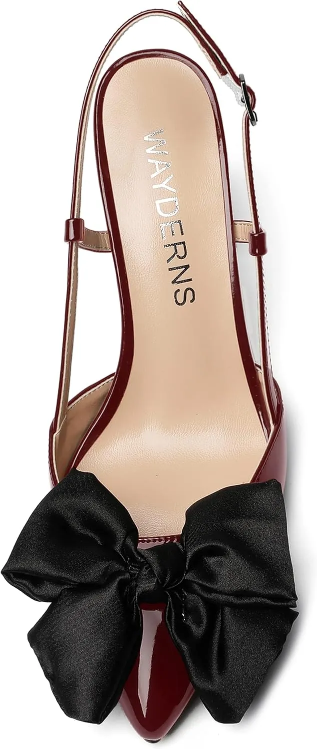 WAYDERNS Womens Bow Patent Buckle Slingback Wedding Cute Ankle Strap Pointed Toe Wedge High Heel Pumps Shoes 3.3 Inch