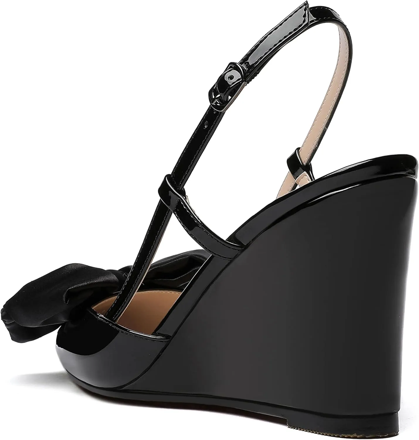 WAYDERNS Womens Bow Patent Buckle Slingback Wedding Cute Ankle Strap Pointed Toe Wedge High Heel Pumps Shoes 3.3 Inch