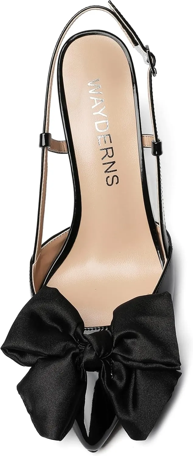 WAYDERNS Womens Bow Patent Buckle Slingback Wedding Cute Ankle Strap Pointed Toe Wedge High Heel Pumps Shoes 3.3 Inch