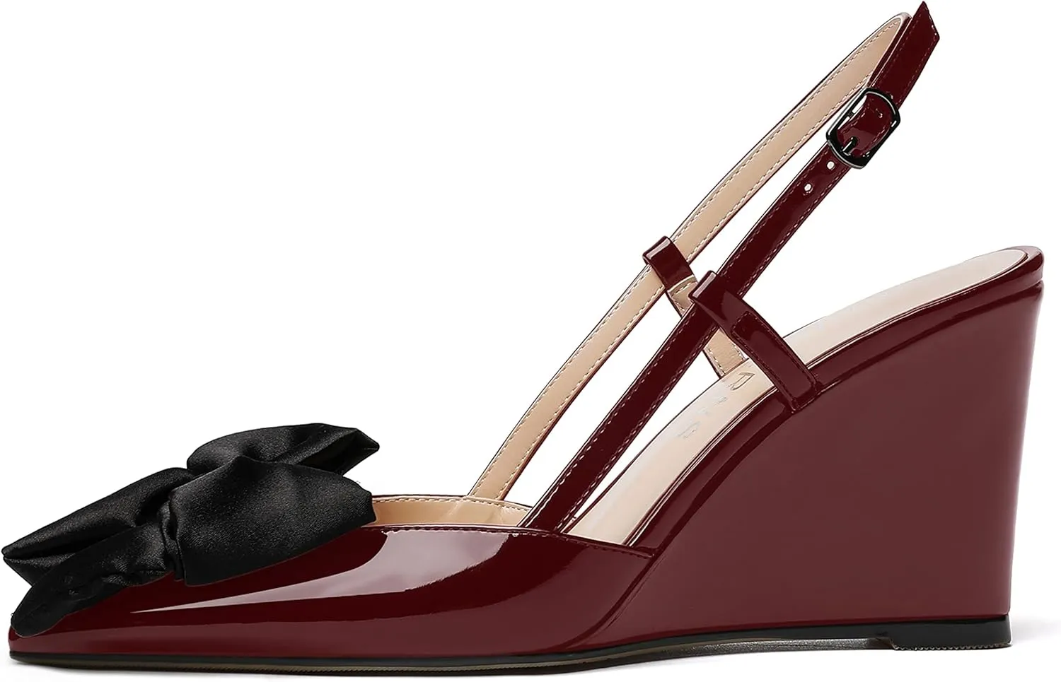 WAYDERNS Womens Bow Patent Buckle Slingback Wedding Cute Ankle Strap Pointed Toe Wedge High Heel Pumps Shoes 3.3 Inch
