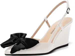 WAYDERNS Womens Bow Patent Buckle Slingback Wedding Cute Ankle Strap Pointed Toe Wedge High Heel Pumps Shoes 3.3 Inch