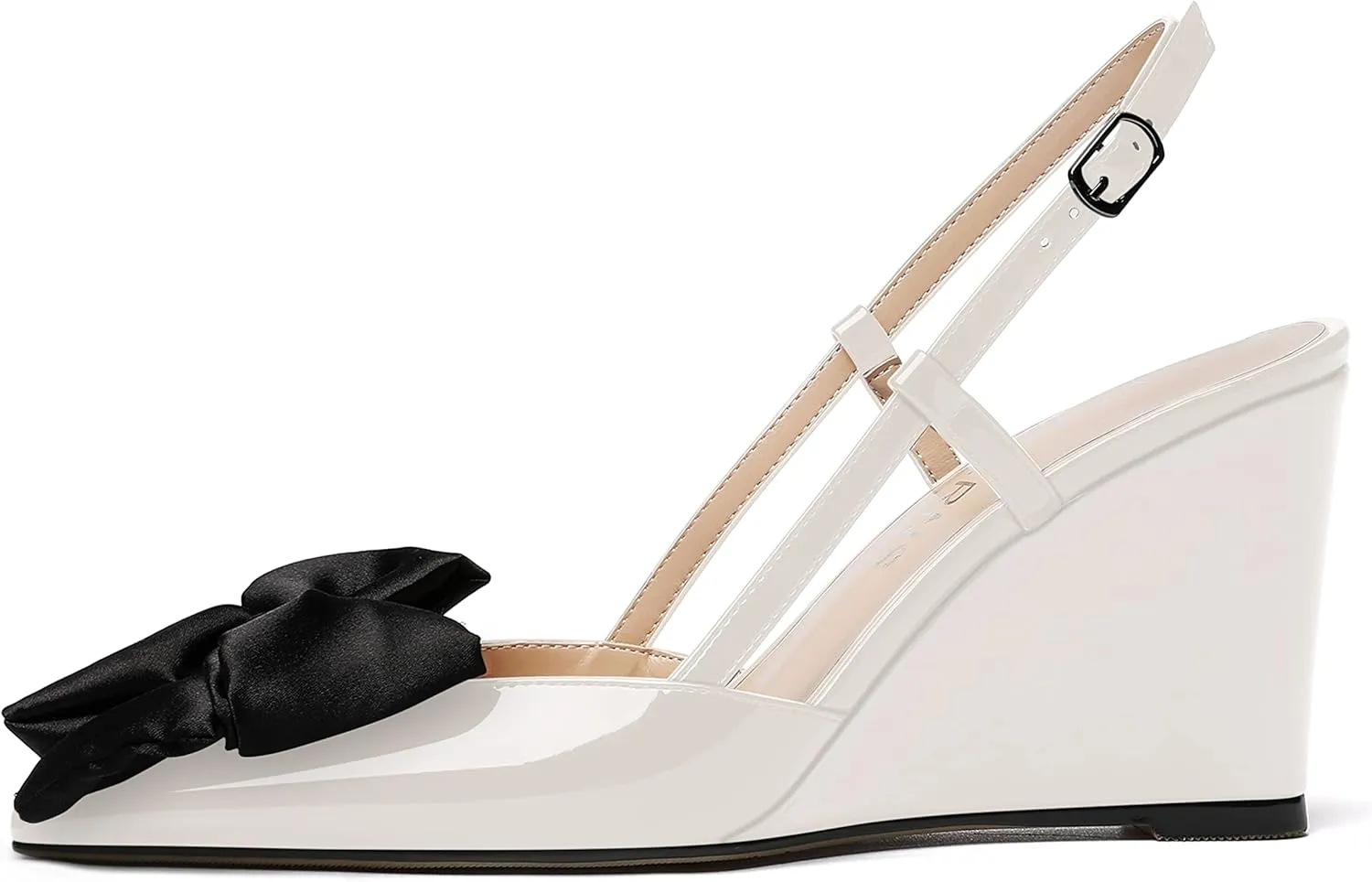 WAYDERNS Womens Bow Patent Buckle Slingback Wedding Cute Ankle Strap Pointed Toe Wedge High Heel Pumps Shoes 3.3 Inch