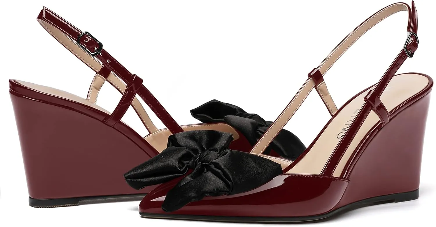 WAYDERNS Womens Bow Patent Buckle Slingback Wedding Cute Ankle Strap Pointed Toe Wedge High Heel Pumps Shoes 3.3 Inch