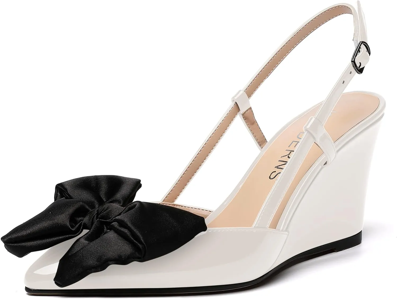 WAYDERNS Womens Bow Patent Buckle Slingback Wedding Cute Ankle Strap Pointed Toe Wedge High Heel Pumps Shoes 3.3 Inch