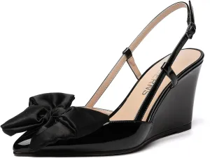 WAYDERNS Womens Bow Patent Buckle Slingback Wedding Cute Ankle Strap Pointed Toe Wedge High Heel Pumps Shoes 3.3 Inch