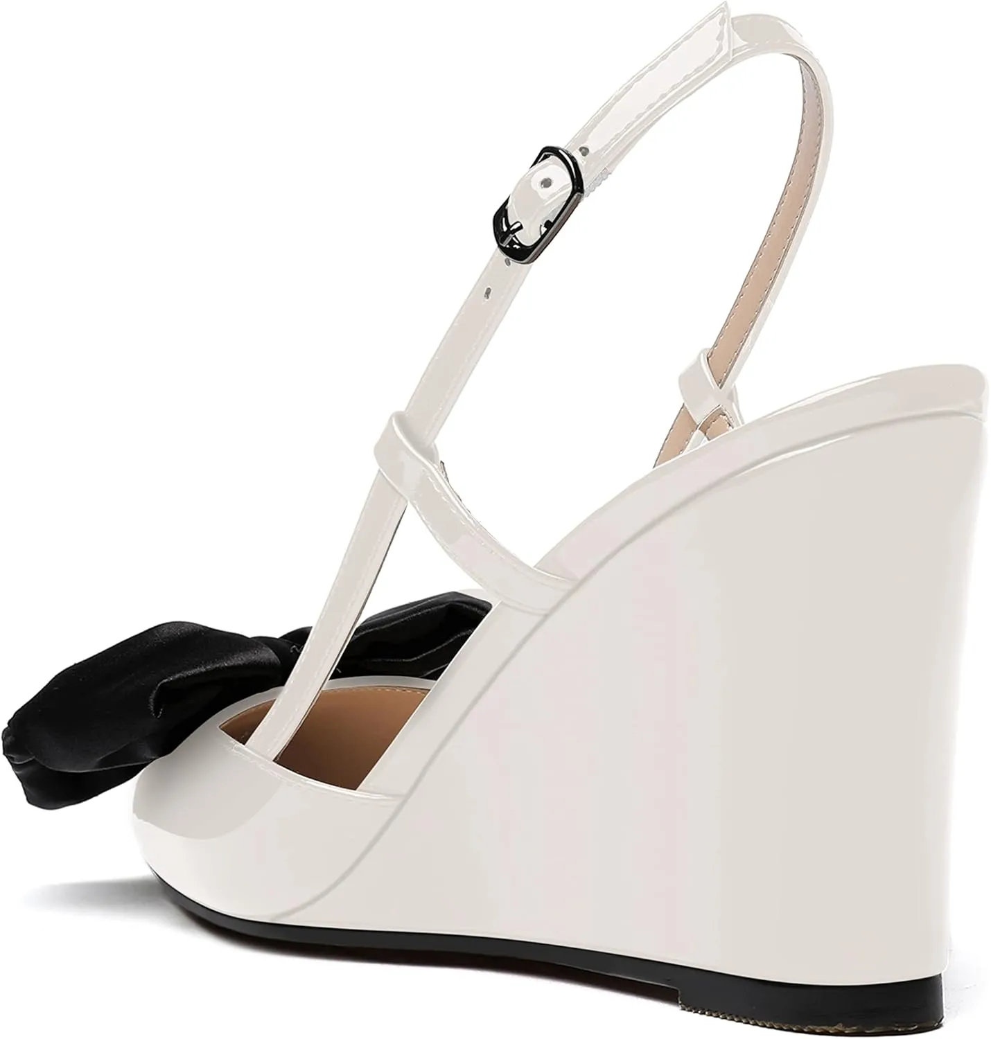 WAYDERNS Womens Bow Patent Buckle Slingback Wedding Cute Ankle Strap Pointed Toe Wedge High Heel Pumps Shoes 3.3 Inch
