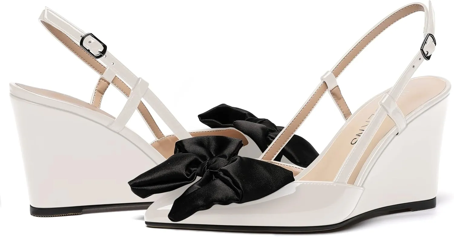 WAYDERNS Womens Bow Patent Buckle Slingback Wedding Cute Ankle Strap Pointed Toe Wedge High Heel Pumps Shoes 3.3 Inch