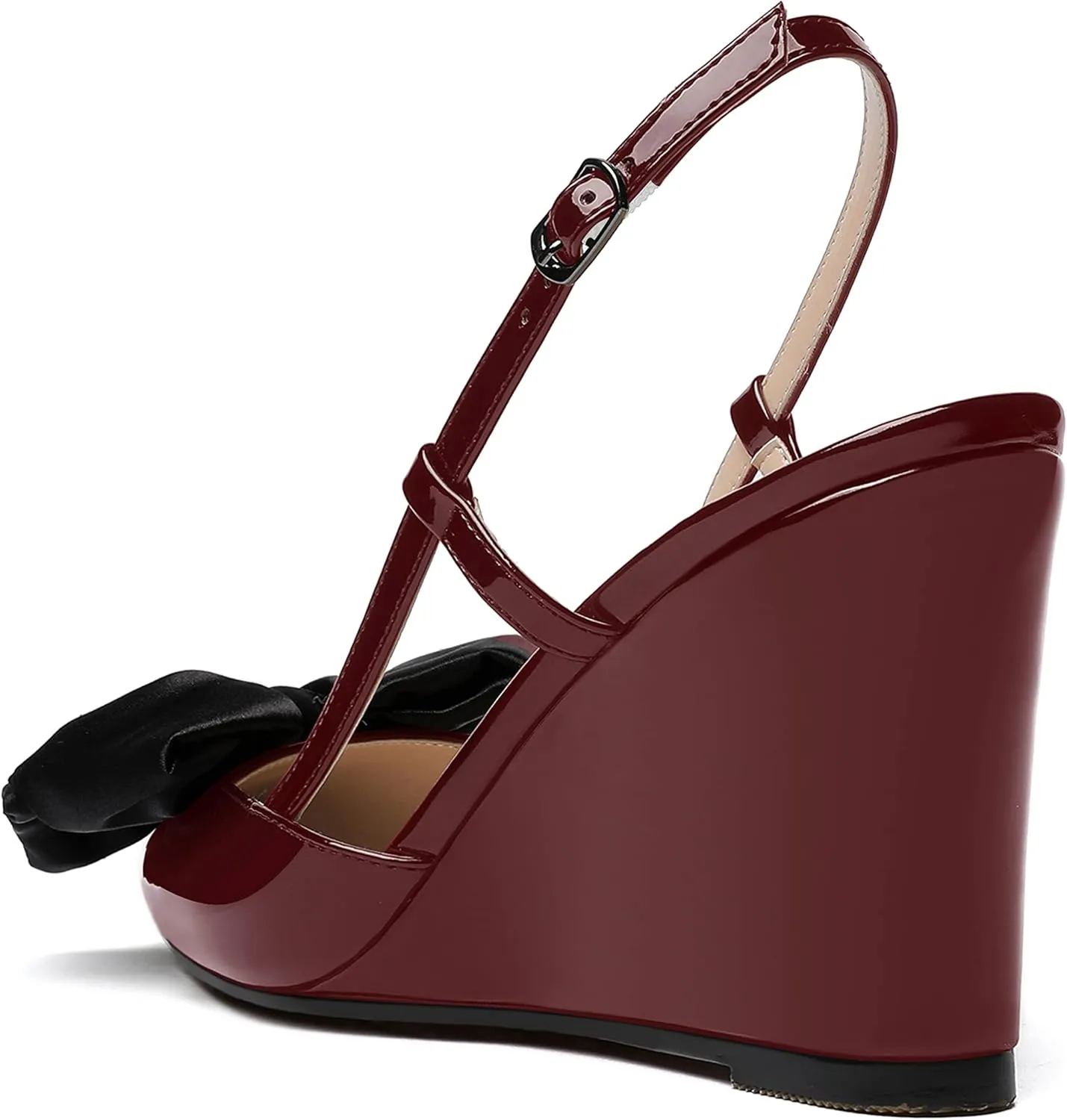 WAYDERNS Womens Bow Patent Buckle Slingback Wedding Cute Ankle Strap Pointed Toe Wedge High Heel Pumps Shoes 3.3 Inch