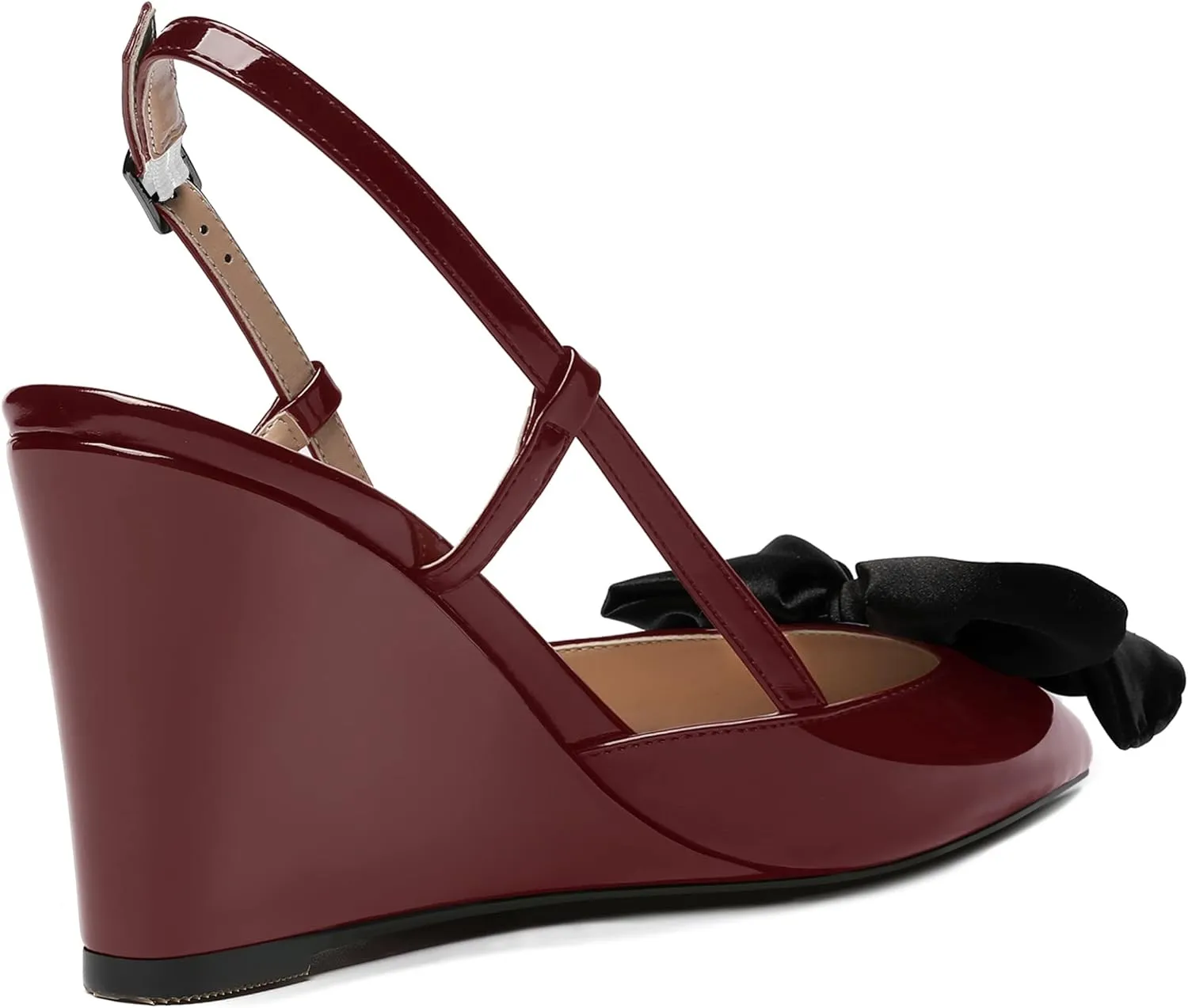 WAYDERNS Womens Bow Patent Buckle Slingback Wedding Cute Ankle Strap Pointed Toe Wedge High Heel Pumps Shoes 3.3 Inch