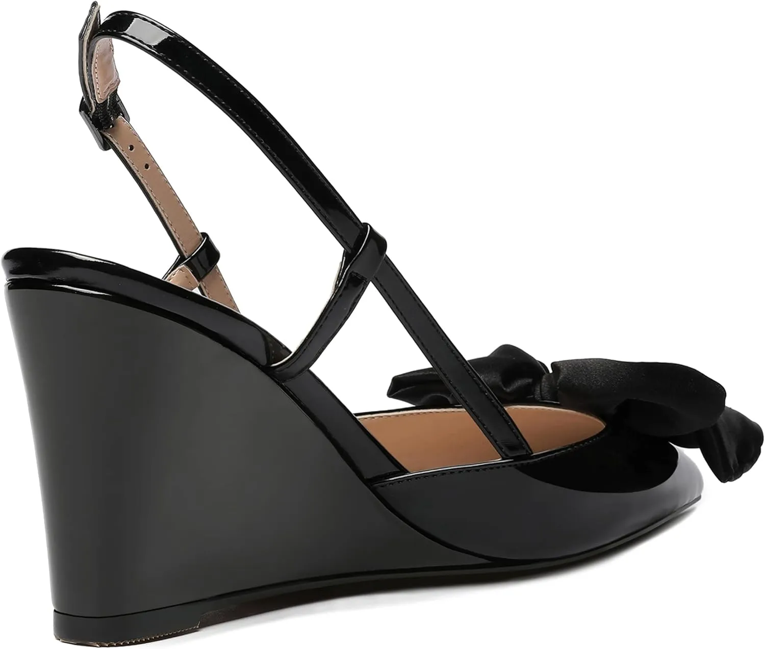 WAYDERNS Womens Bow Patent Buckle Slingback Wedding Cute Ankle Strap Pointed Toe Wedge High Heel Pumps Shoes 3.3 Inch