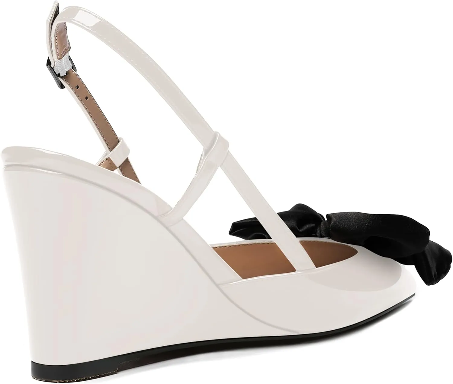 WAYDERNS Womens Bow Patent Buckle Slingback Wedding Cute Ankle Strap Pointed Toe Wedge High Heel Pumps Shoes 3.3 Inch