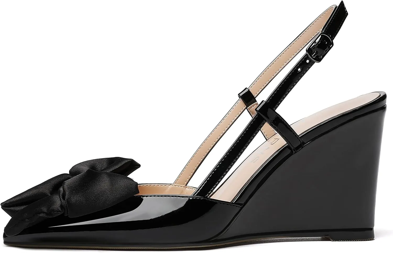 WAYDERNS Womens Bow Patent Buckle Slingback Wedding Cute Ankle Strap Pointed Toe Wedge High Heel Pumps Shoes 3.3 Inch