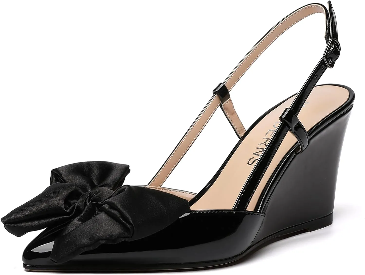 WAYDERNS Womens Bow Patent Buckle Slingback Wedding Cute Ankle Strap Pointed Toe Wedge High Heel Pumps Shoes 3.3 Inch
