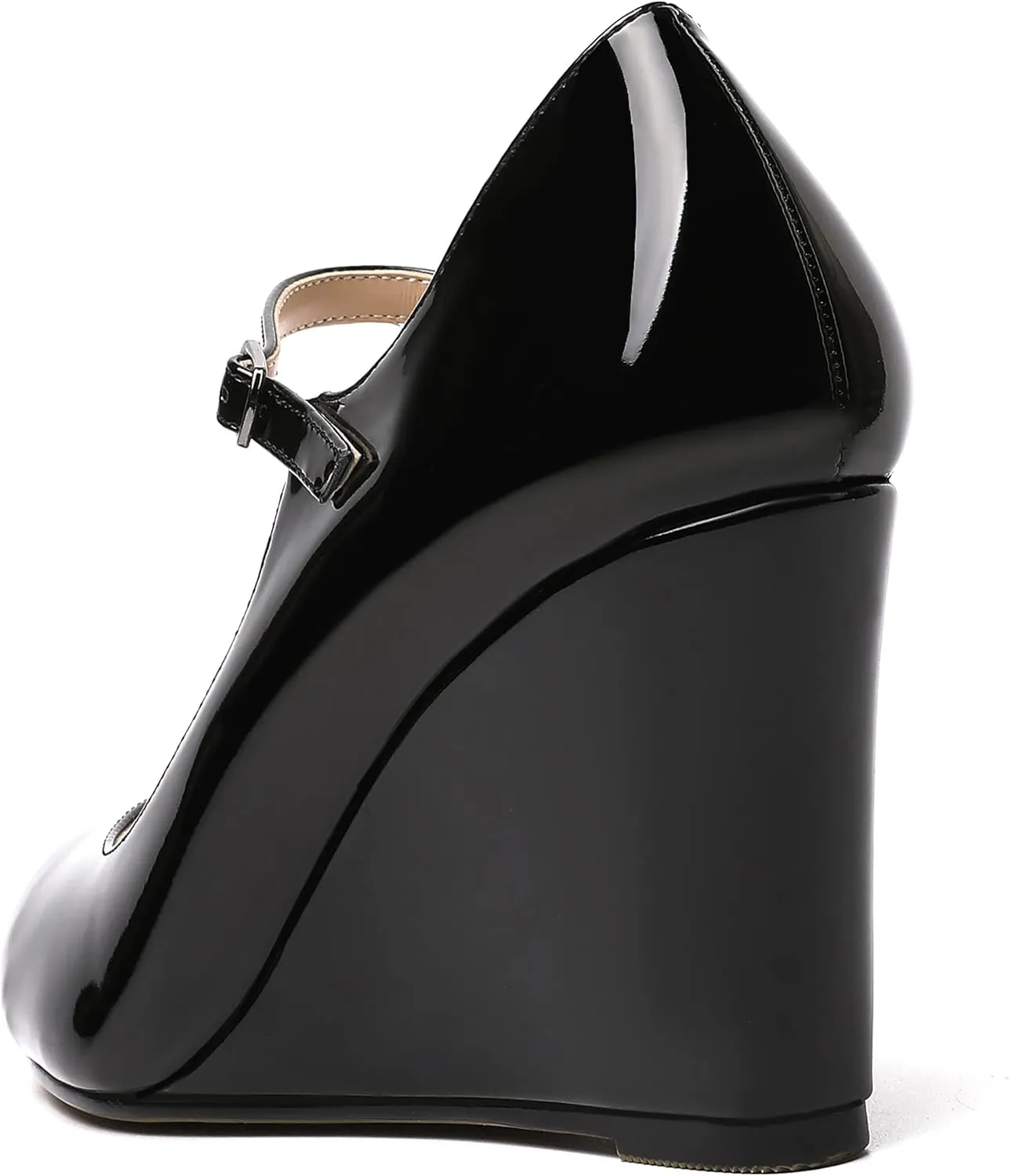 WAYDERNS Womens Patent Round Toe Buckle Fashion Adjustable Strap Mary Jane Dating Wedge High Heel Pumps Shoes 3.3 Inch