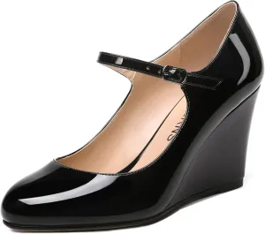 WAYDERNS Womens Patent Round Toe Buckle Fashion Adjustable Strap Mary Jane Dating Wedge High Heel Pumps Shoes 3.3 Inch