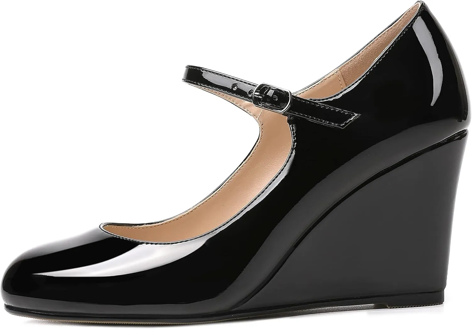 WAYDERNS Womens Patent Round Toe Buckle Fashion Adjustable Strap Mary Jane Dating Wedge High Heel Pumps Shoes 3.3 Inch