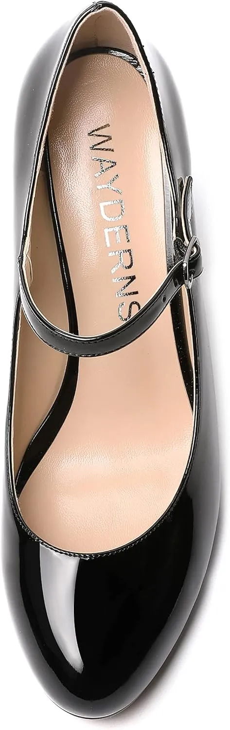WAYDERNS Womens Patent Round Toe Buckle Fashion Adjustable Strap Mary Jane Dating Wedge High Heel Pumps Shoes 3.3 Inch