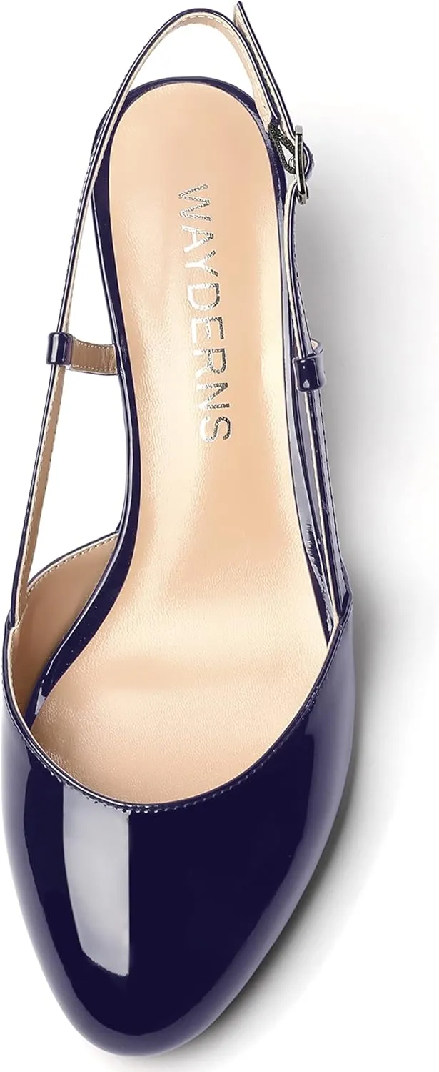 WAYDERNS Women's Slingback Buckle Ankle Strap Solid Fashion Round Toe Adjustable Strap Patent Office Wedge Low Heel Wedges Sandals 2 Inch