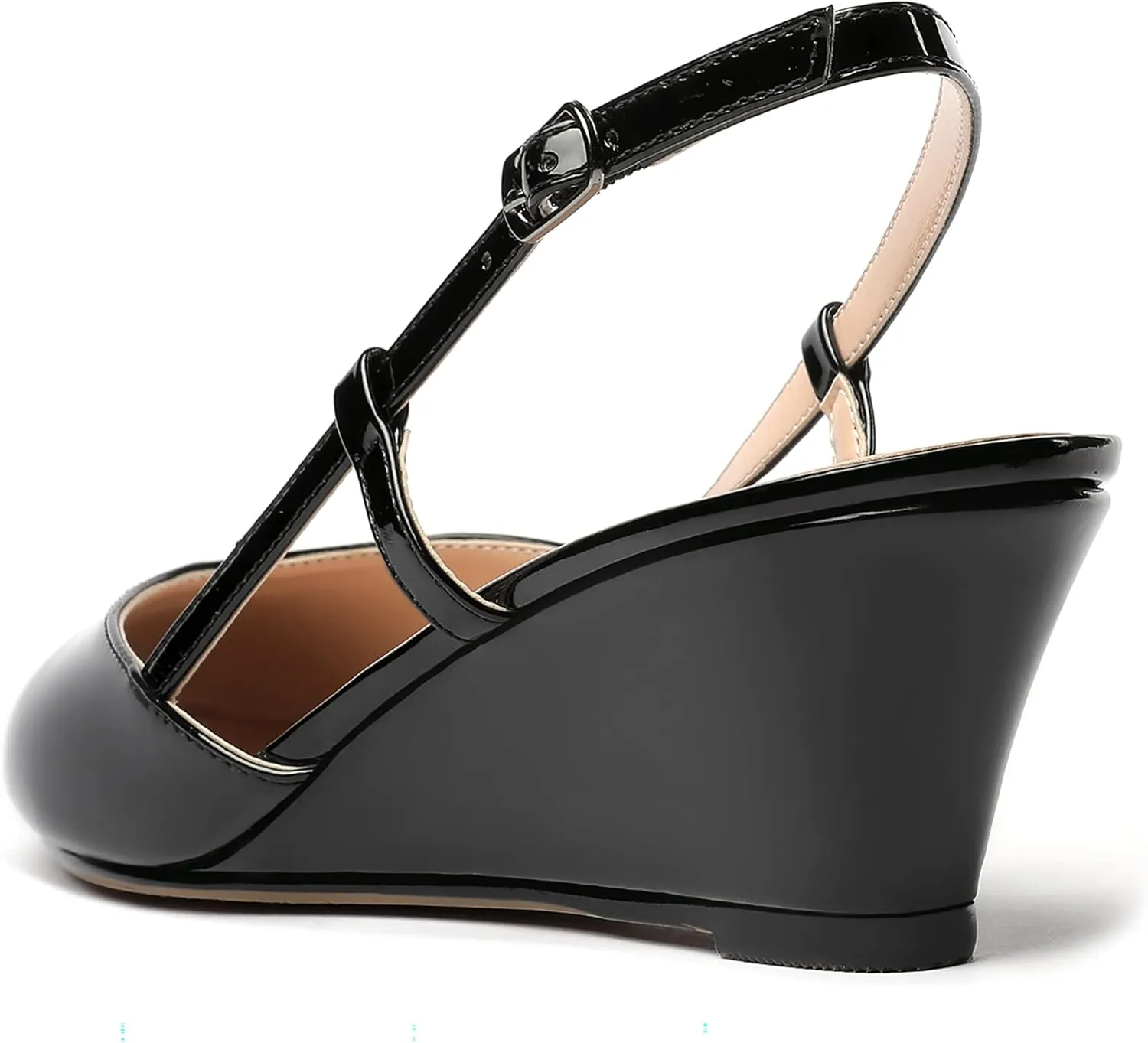 WAYDERNS Women's Slingback Buckle Ankle Strap Solid Fashion Round Toe Adjustable Strap Patent Office Wedge Low Heel Wedges Sandals 2 Inch