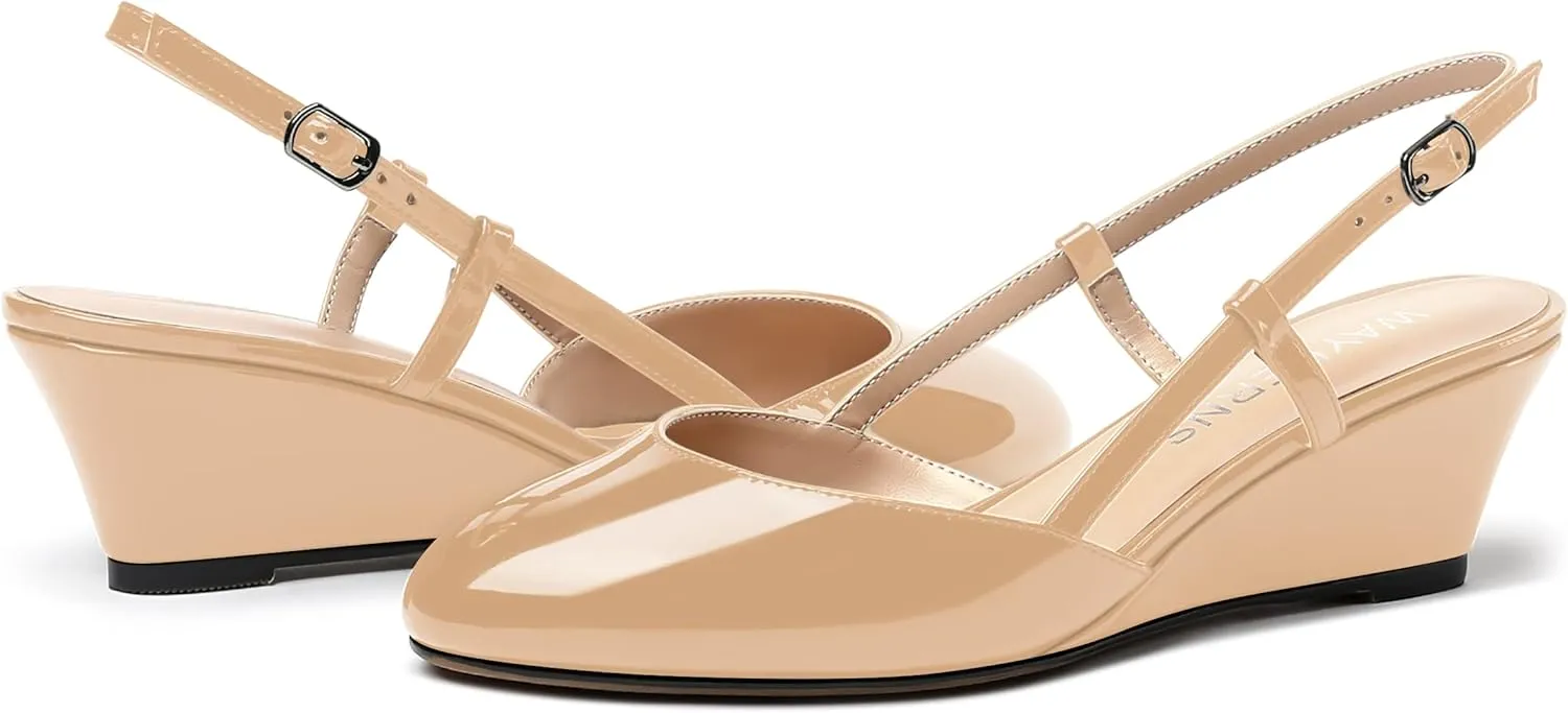 WAYDERNS Women's Slingback Buckle Ankle Strap Solid Fashion Round Toe Adjustable Strap Patent Office Wedge Low Heel Wedges Sandals 2 Inch