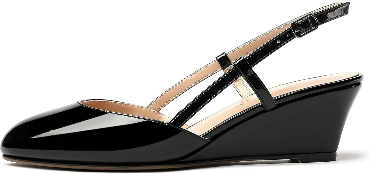 WAYDERNS Women's Slingback Buckle Ankle Strap Solid Fashion Round Toe Adjustable Strap Patent Office Wedge Low Heel Wedges Sandals 2 Inch