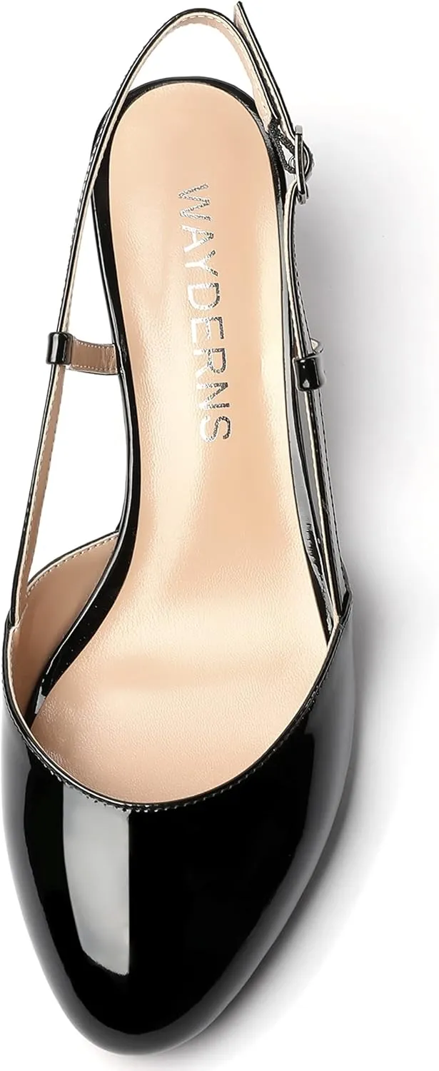 WAYDERNS Women's Slingback Buckle Ankle Strap Solid Fashion Round Toe Adjustable Strap Patent Office Wedge Low Heel Wedges Sandals 2 Inch