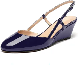 WAYDERNS Women's Slingback Buckle Ankle Strap Solid Fashion Round Toe Adjustable Strap Patent Office Wedge Low Heel Wedges Sandals 2 Inch