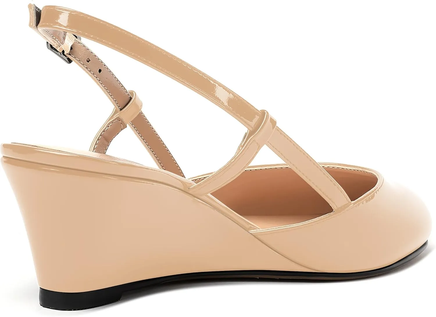 WAYDERNS Women's Slingback Buckle Ankle Strap Solid Fashion Round Toe Adjustable Strap Patent Office Wedge Low Heel Wedges Sandals 2 Inch