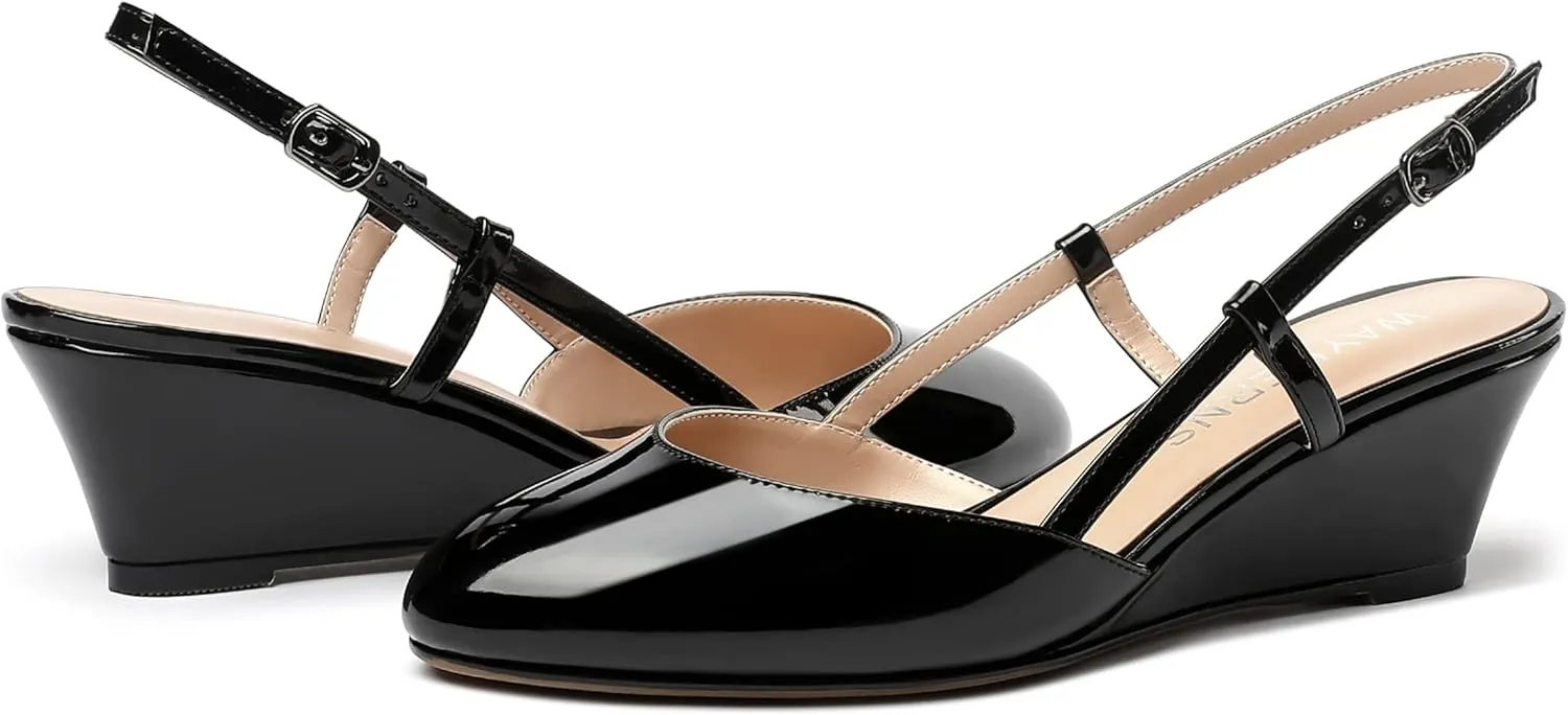 WAYDERNS Women's Slingback Buckle Ankle Strap Solid Fashion Round Toe Adjustable Strap Patent Office Wedge Low Heel Wedges Sandals 2 Inch