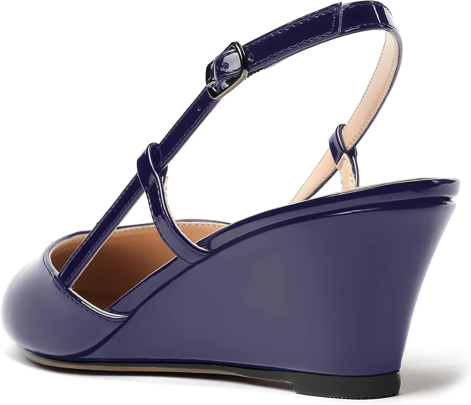 WAYDERNS Women's Slingback Buckle Ankle Strap Solid Fashion Round Toe Adjustable Strap Patent Office Wedge Low Heel Wedges Sandals 2 Inch