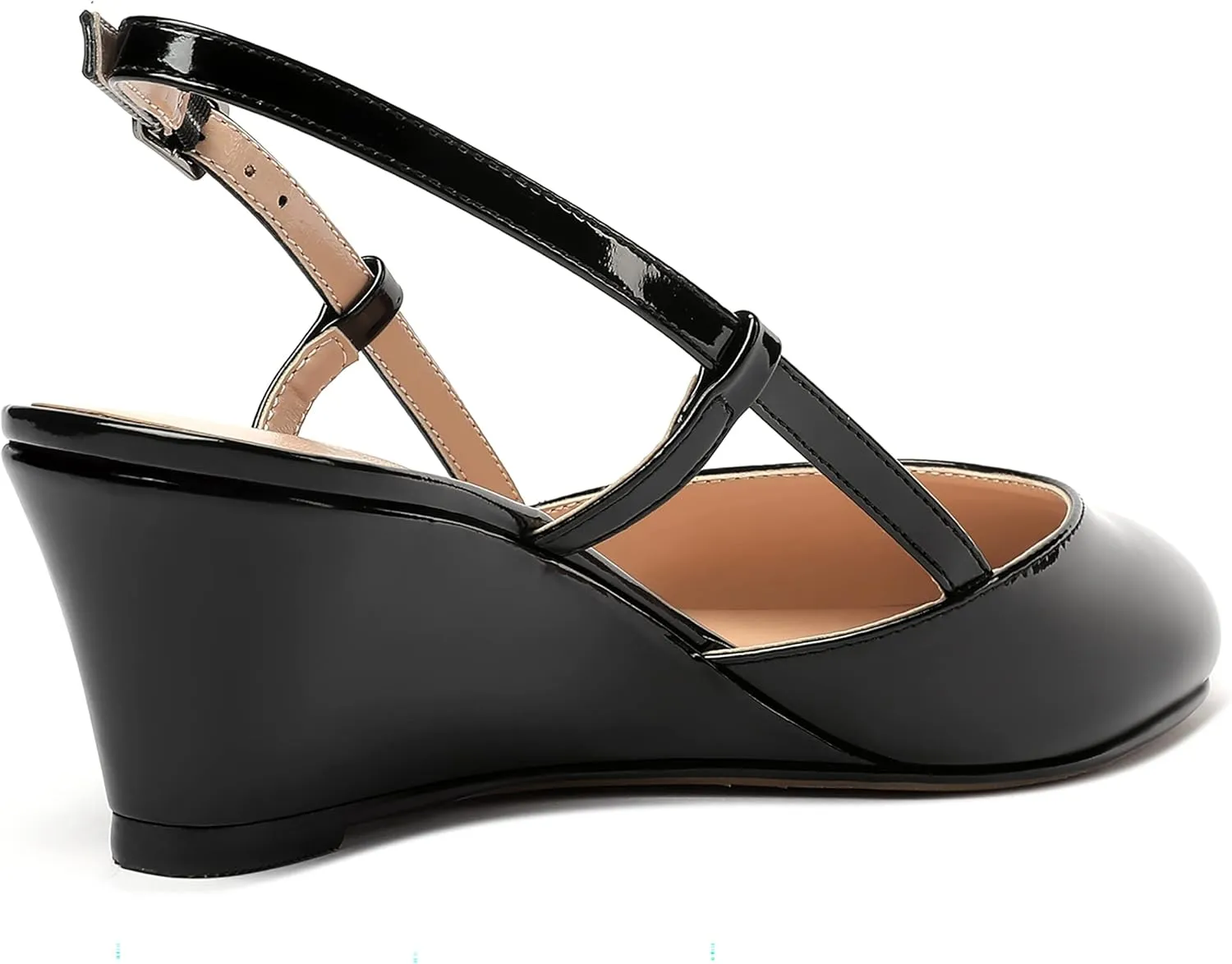 WAYDERNS Women's Slingback Buckle Ankle Strap Solid Fashion Round Toe Adjustable Strap Patent Office Wedge Low Heel Wedges Sandals 2 Inch