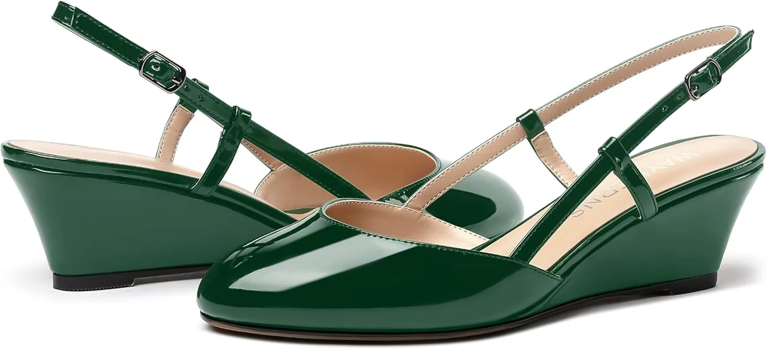 WAYDERNS Women's Slingback Buckle Ankle Strap Solid Fashion Round Toe Adjustable Strap Patent Office Wedge Low Heel Wedges Sandals 2 Inch