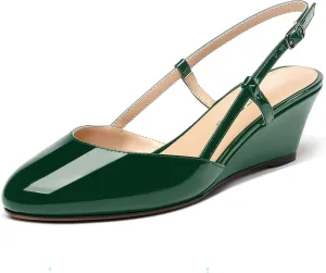 WAYDERNS Women's Slingback Buckle Ankle Strap Solid Fashion Round Toe Adjustable Strap Patent Office Wedge Low Heel Wedges Sandals 2 Inch