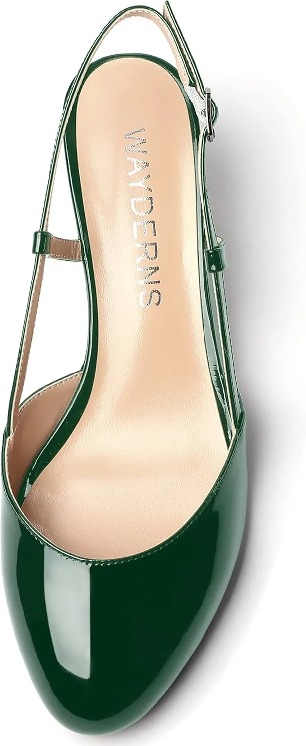 WAYDERNS Women's Slingback Buckle Ankle Strap Solid Fashion Round Toe Adjustable Strap Patent Office Wedge Low Heel Wedges Sandals 2 Inch