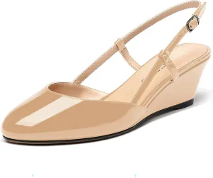 WAYDERNS Women's Slingback Buckle Ankle Strap Solid Fashion Round Toe Adjustable Strap Patent Office Wedge Low Heel Wedges Sandals 2 Inch