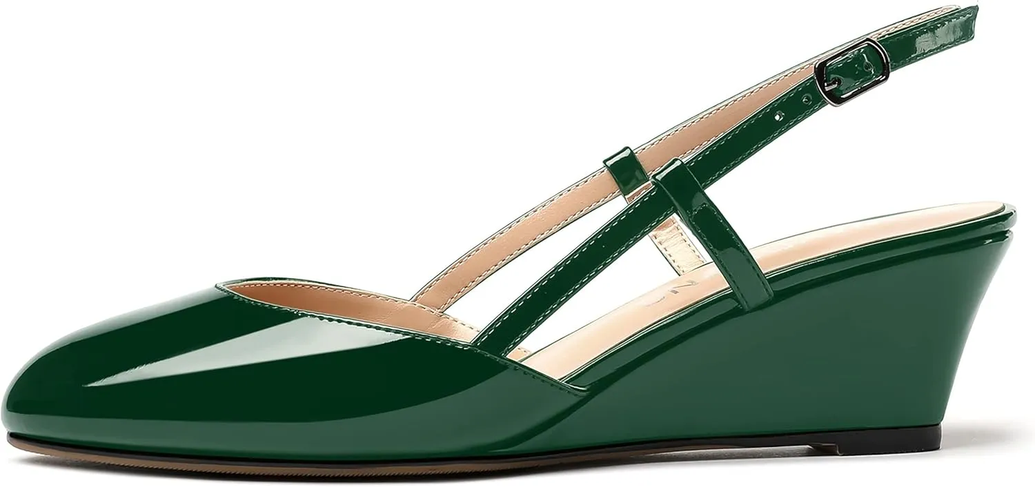 WAYDERNS Women's Slingback Buckle Ankle Strap Solid Fashion Round Toe Adjustable Strap Patent Office Wedge Low Heel Wedges Sandals 2 Inch