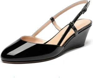 WAYDERNS Women's Slingback Buckle Ankle Strap Solid Fashion Round Toe Adjustable Strap Patent Office Wedge Low Heel Wedges Sandals 2 Inch