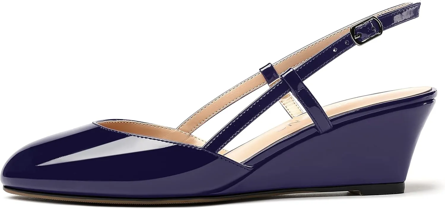 WAYDERNS Women's Slingback Buckle Ankle Strap Solid Fashion Round Toe Adjustable Strap Patent Office Wedge Low Heel Wedges Sandals 2 Inch