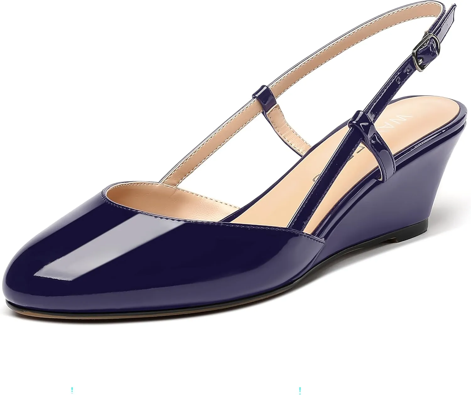WAYDERNS Women's Slingback Buckle Ankle Strap Solid Fashion Round Toe Adjustable Strap Patent Office Wedge Low Heel Wedges Sandals 2 Inch