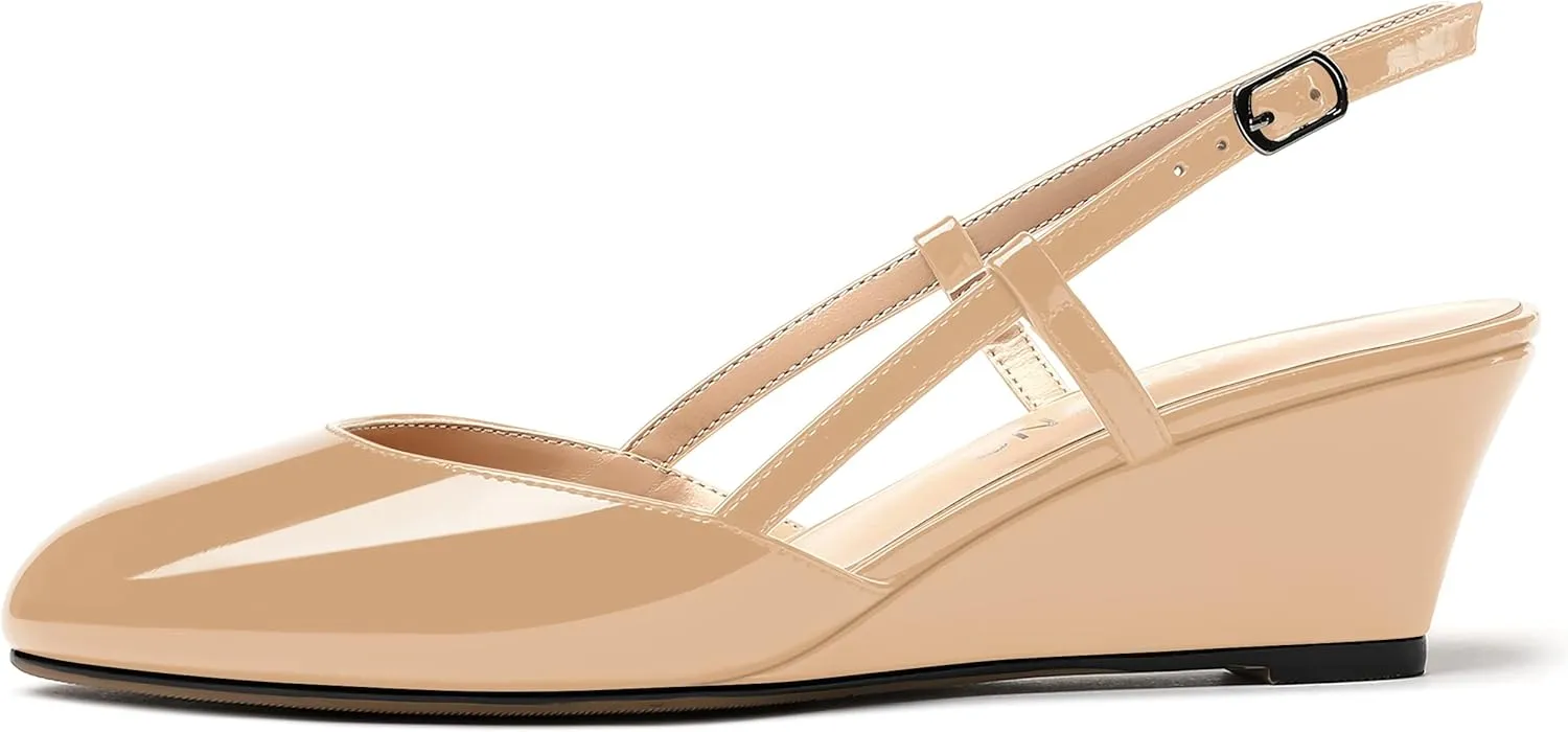 WAYDERNS Women's Slingback Buckle Ankle Strap Solid Fashion Round Toe Adjustable Strap Patent Office Wedge Low Heel Wedges Sandals 2 Inch