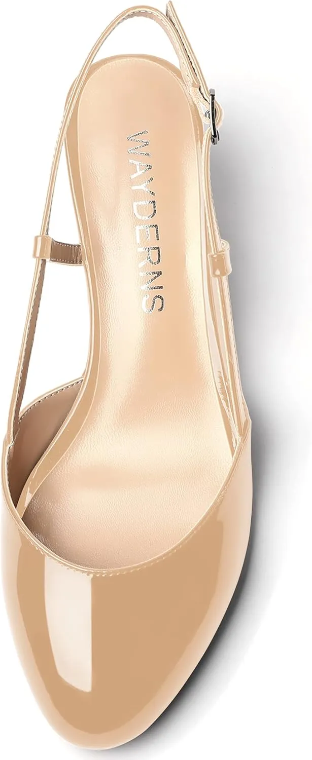 WAYDERNS Women's Slingback Buckle Ankle Strap Solid Fashion Round Toe Adjustable Strap Patent Office Wedge Low Heel Wedges Sandals 2 Inch