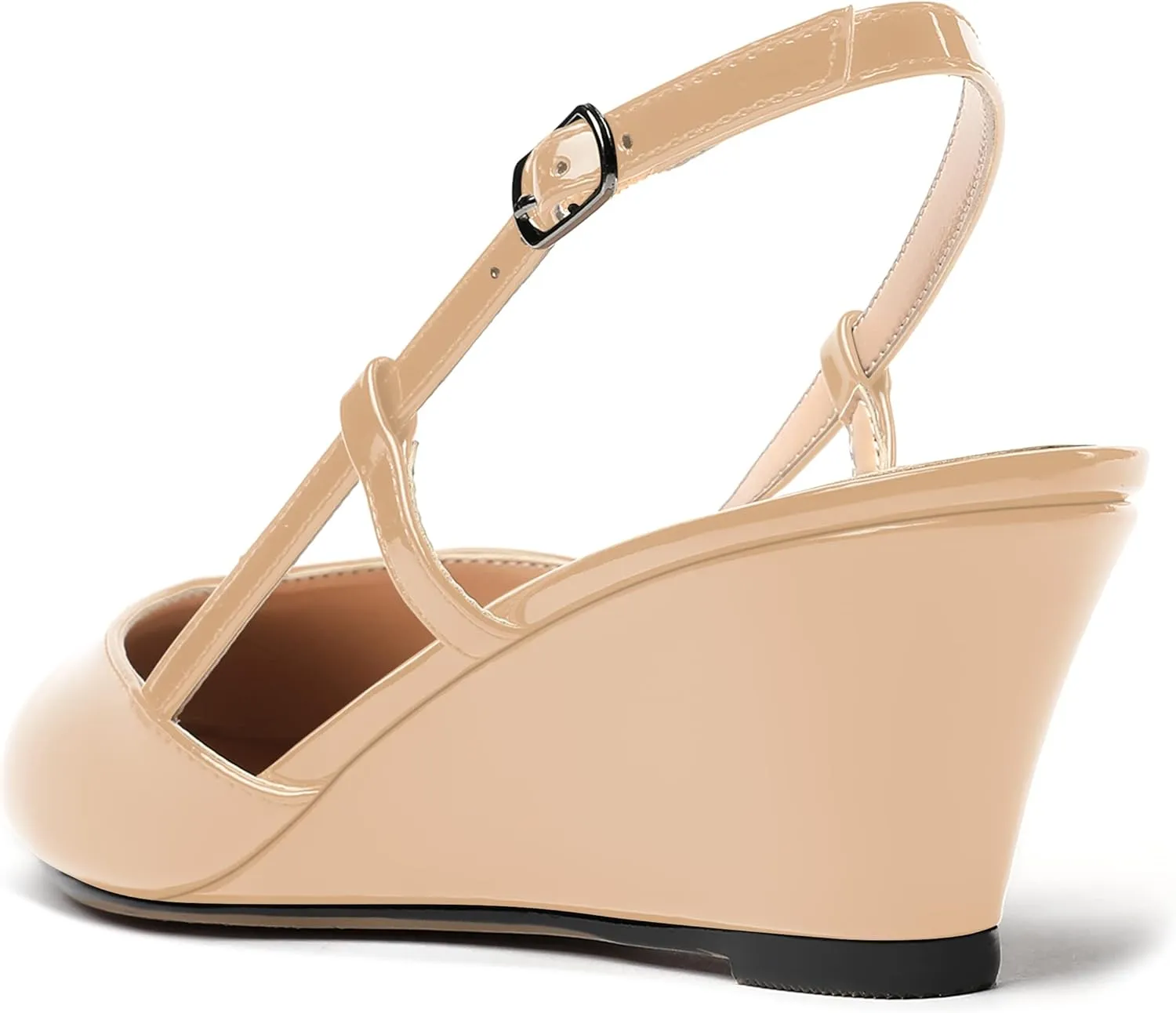 WAYDERNS Women's Slingback Buckle Ankle Strap Solid Fashion Round Toe Adjustable Strap Patent Office Wedge Low Heel Wedges Sandals 2 Inch