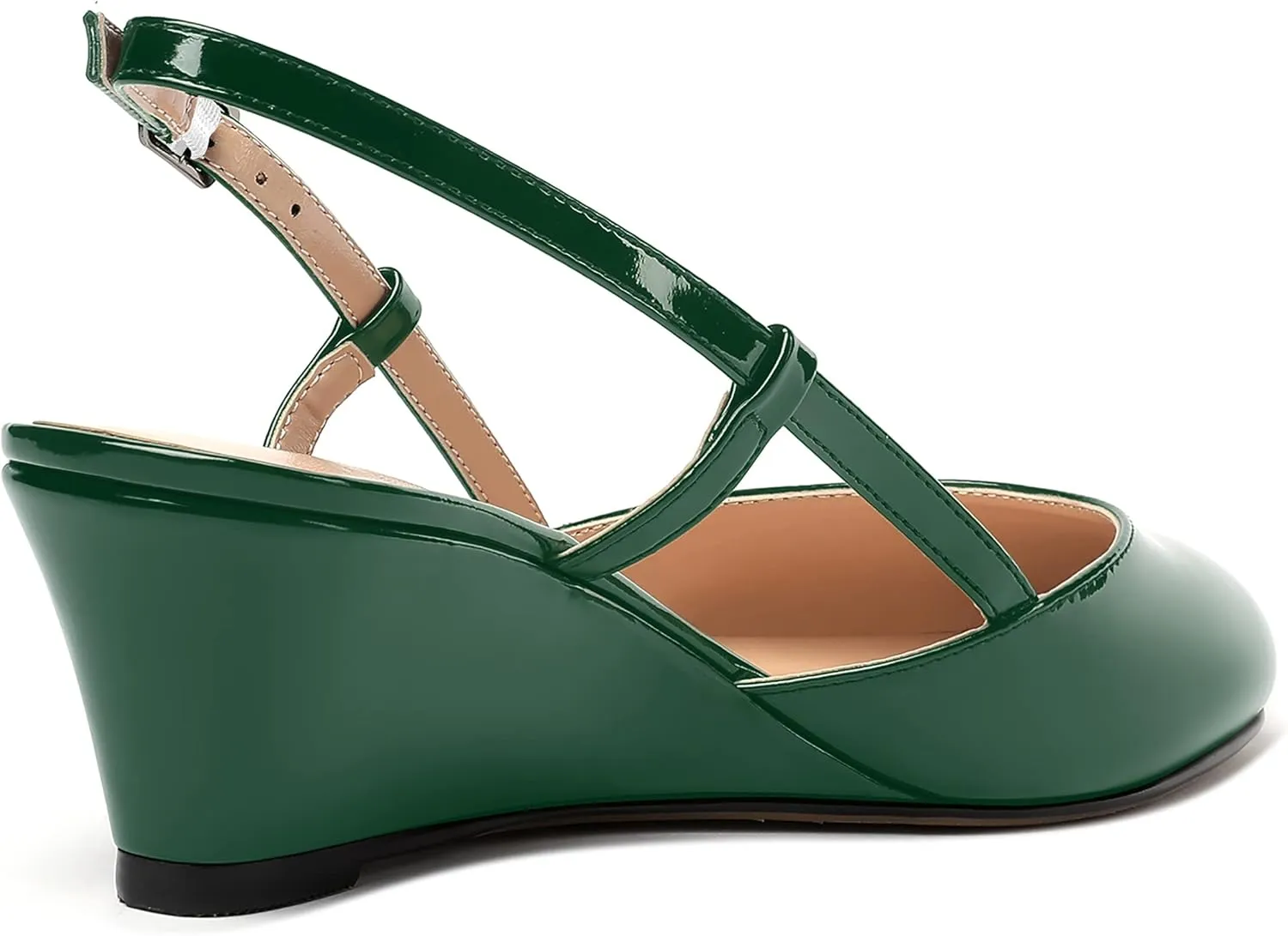 WAYDERNS Women's Slingback Buckle Ankle Strap Solid Fashion Round Toe Adjustable Strap Patent Office Wedge Low Heel Wedges Sandals 2 Inch