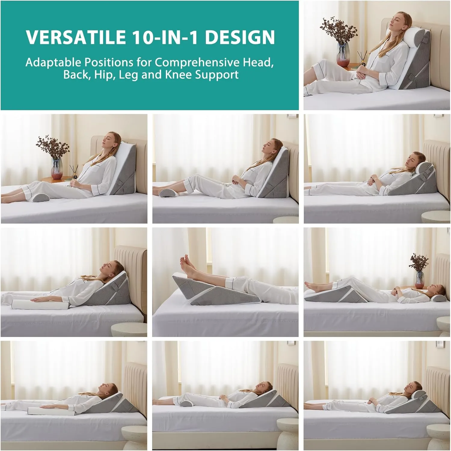 Wedge Pillow Headboard, 3PCS Orthopedic Bed Wedge Pillows Set for After Surgery, Adjustable Pillow Wedge for Acid Reflux&Back Pain Relief, Sleeping, Back Pillow for Bed Sitting Up, White/Grey