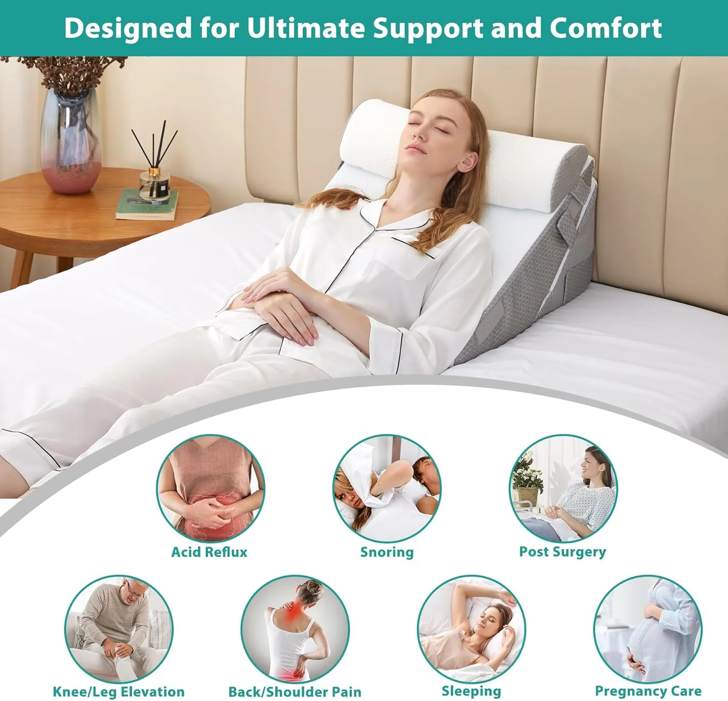 Wedge Pillow Headboard, 3PCS Orthopedic Bed Wedge Pillows Set for After Surgery, Adjustable Pillow Wedge for Acid Reflux&Back Pain Relief, Sleeping, Back Pillow for Bed Sitting Up, White/Grey