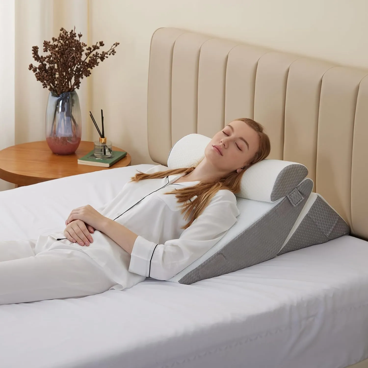 Wedge Pillow Headboard, 3PCS Orthopedic Bed Wedge Pillows Set for After Surgery, Adjustable Pillow Wedge for Acid Reflux&Back Pain Relief, Sleeping, Back Pillow for Bed Sitting Up, White/Grey
