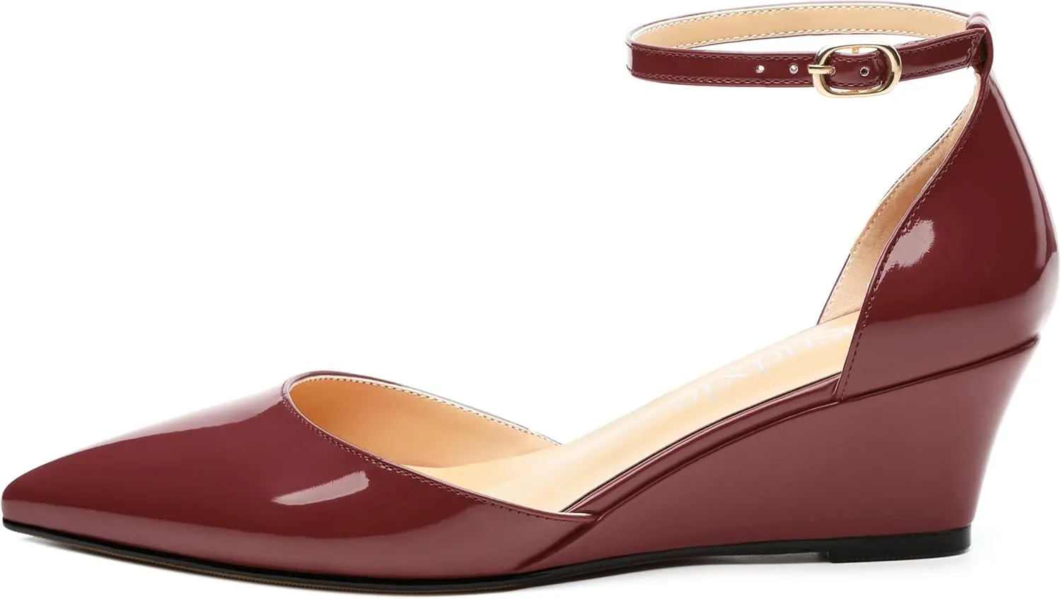 Wedges for Women, Closed Pointed Toe Patent Buckled Ankle Strap Wedge Low Heel Pumps Classic Office Dress Shoes 2 Inches