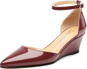 Wedges for Women, Closed Pointed Toe Patent Buckled Ankle Strap Wedge Low Heel Pumps Classic Office Dress Shoes 2 Inches