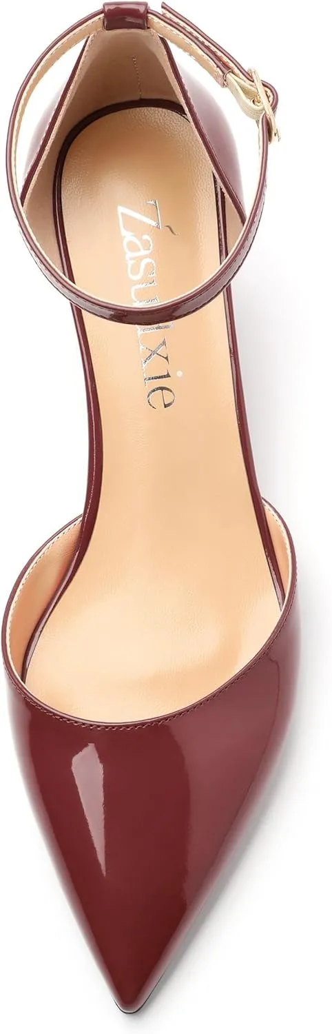 Wedges for Women, Closed Pointed Toe Patent Buckled Ankle Strap Wedge Low Heel Pumps Classic Office Dress Shoes 2 Inches